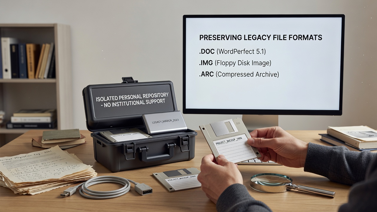 Diagram showing workflow for format migration and emulation in non-institutional personal archives